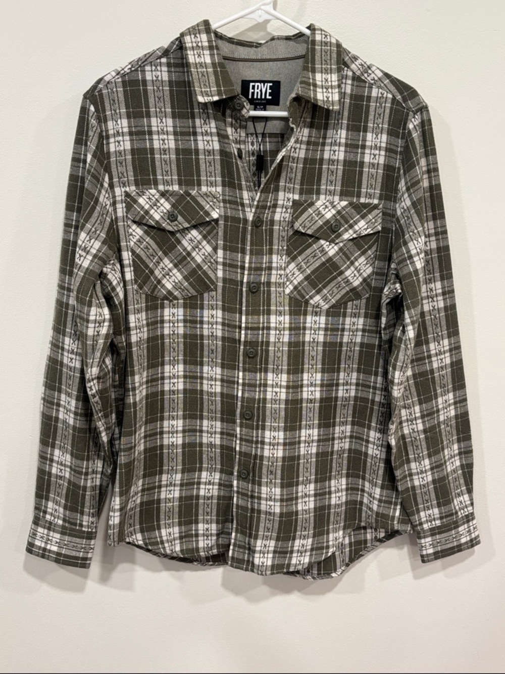 Frye Olive and White Plaid Button-Down Shirt Small